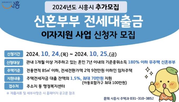 시흥시, 신혼부부 전세대출금 이자지원 사업 추가 모집