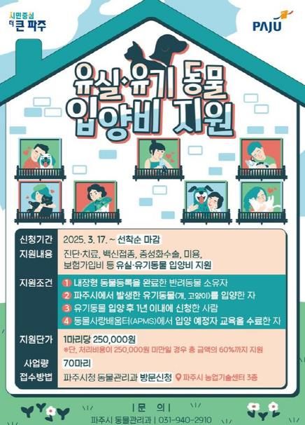 파주시, 유실·유기동물 입양비 지원…3월 17일부터 신청